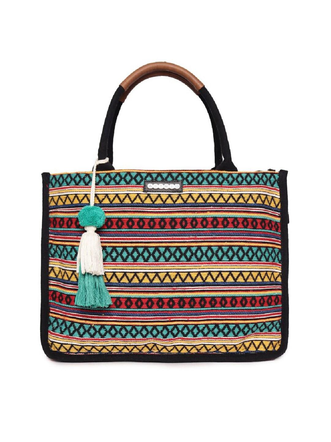 astrid geometric printed structured tote bag with tasselled