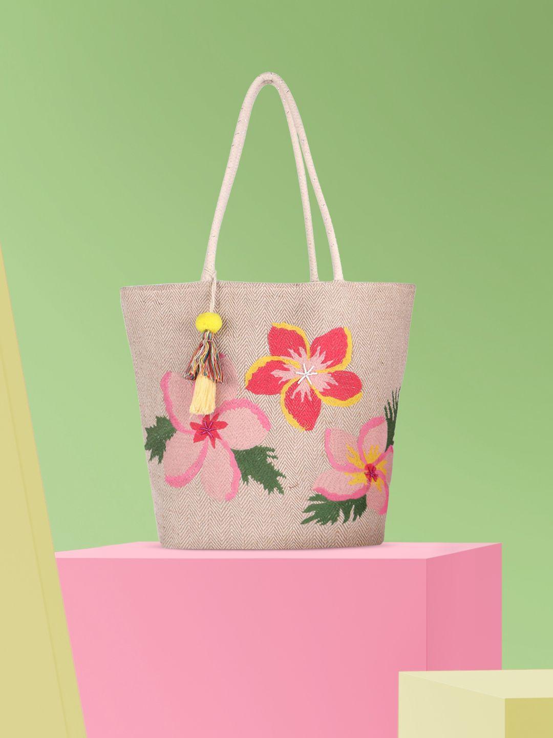 astrid beige & red floral printed cotton jute tote bag