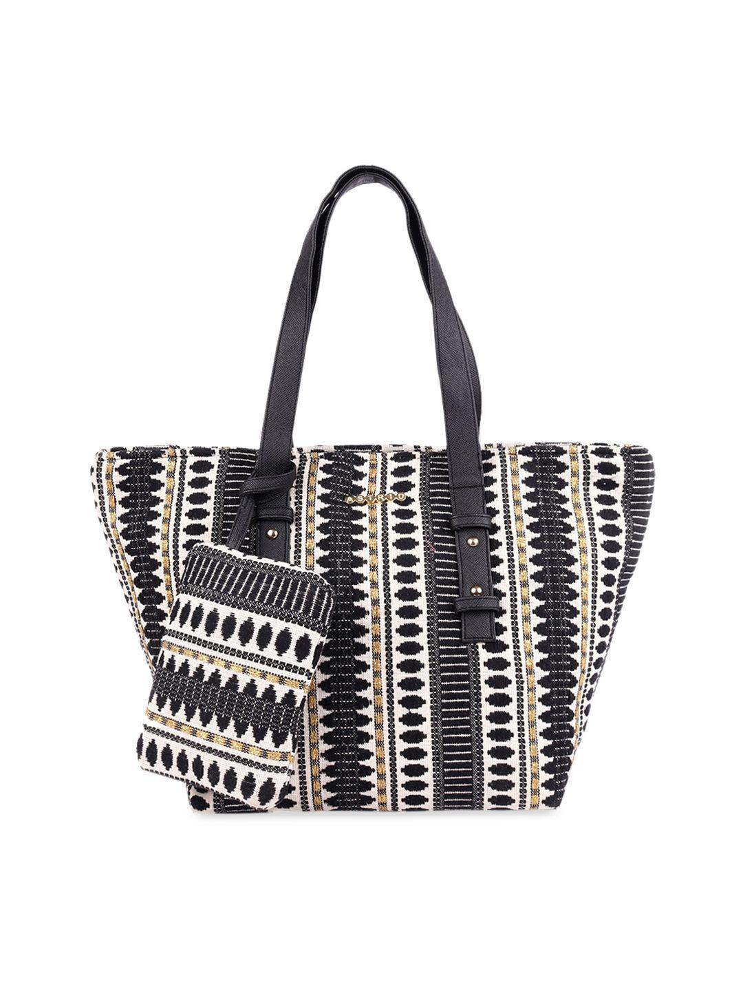 astrid black black & white self design tote bag with coin pouch