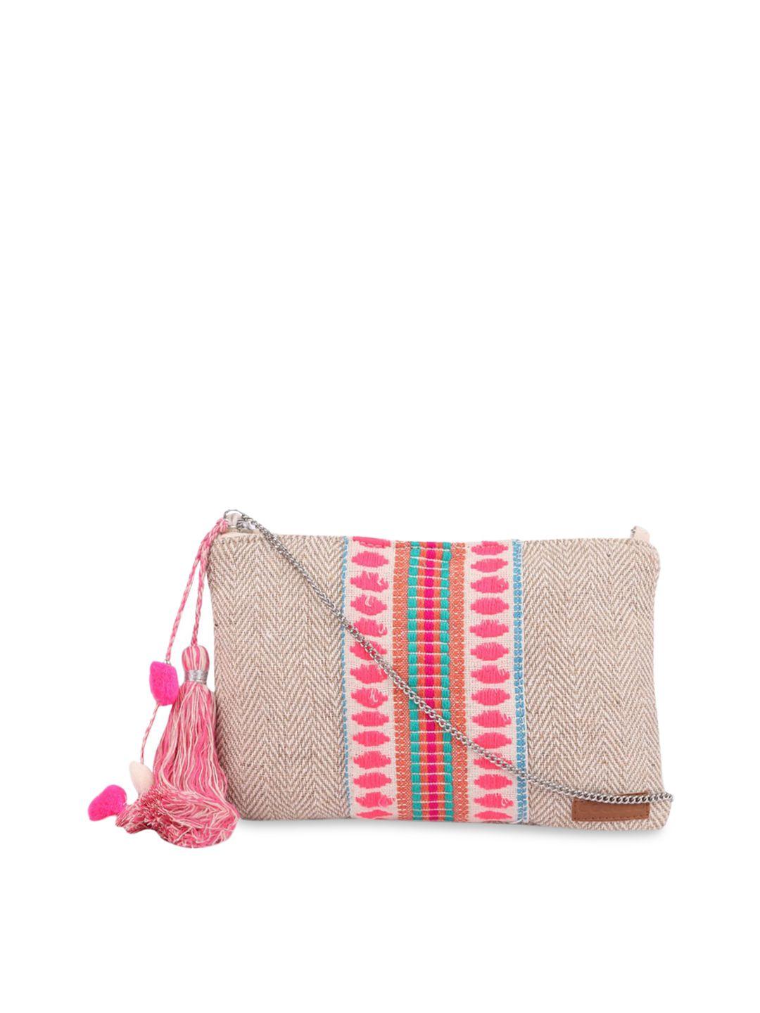 astrid cream-coloured & pink self design sling bag