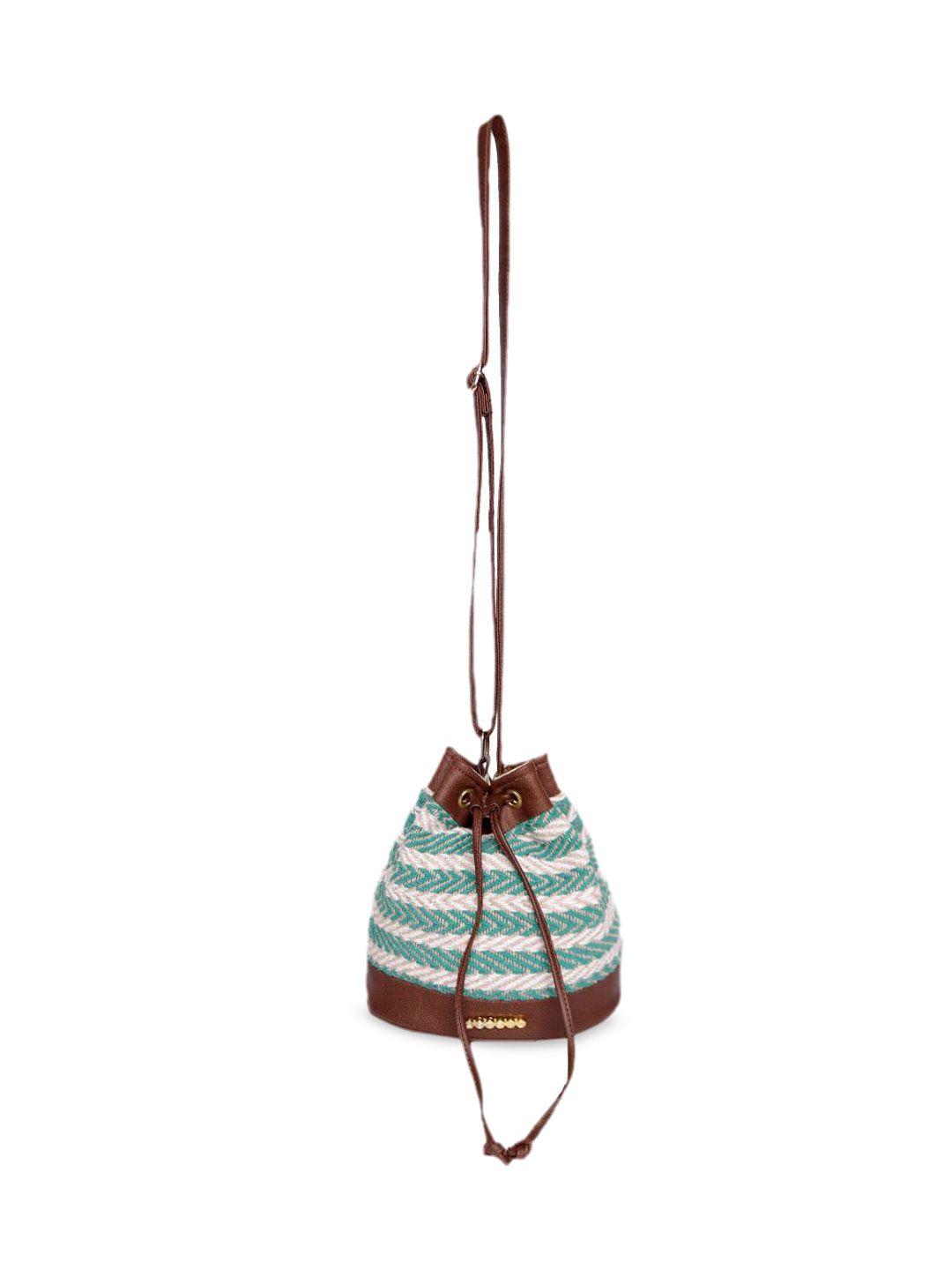 astrid green striped bucket sling bag with tasselled