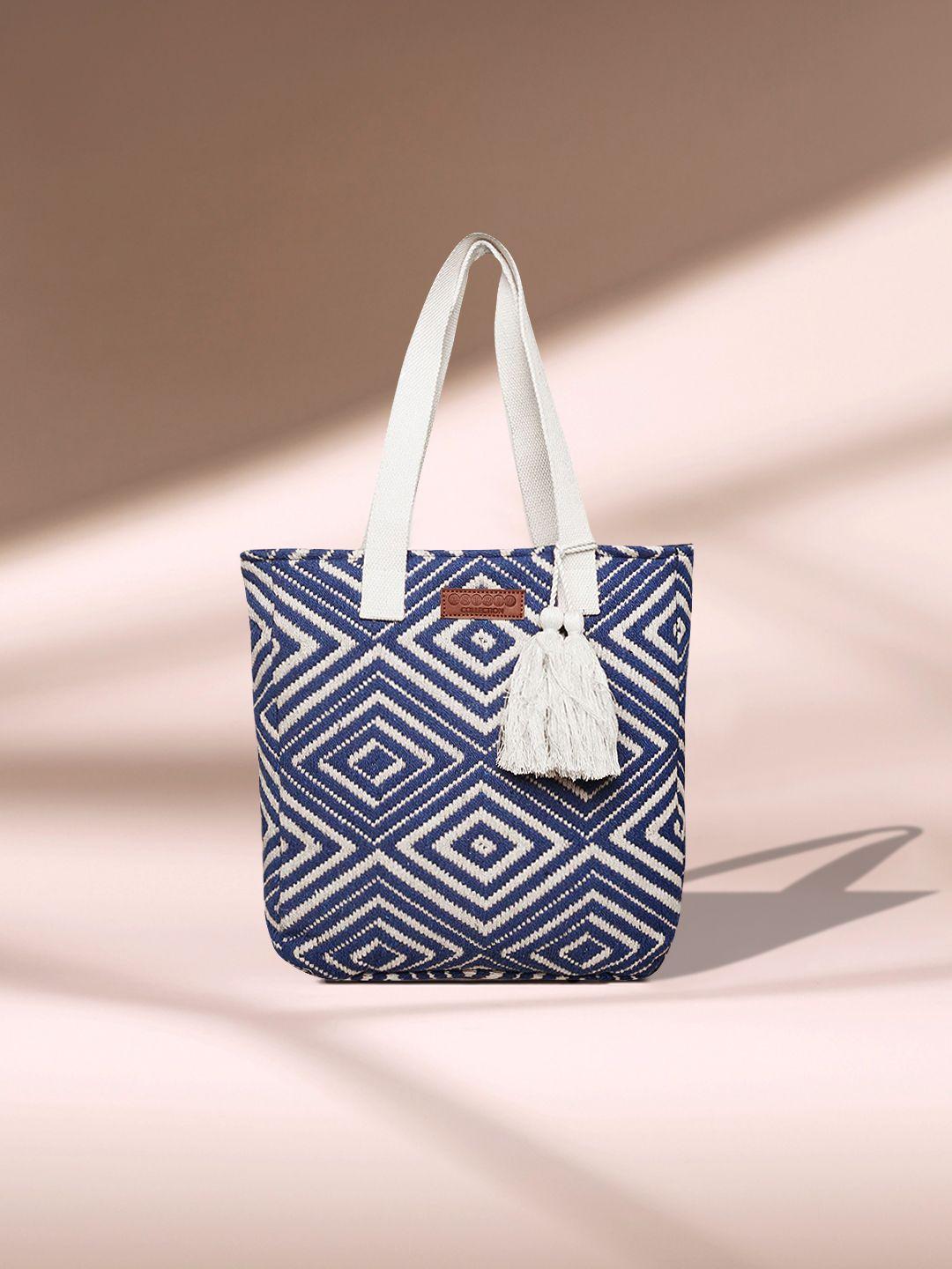 astrid navy blue & white self design tote bag