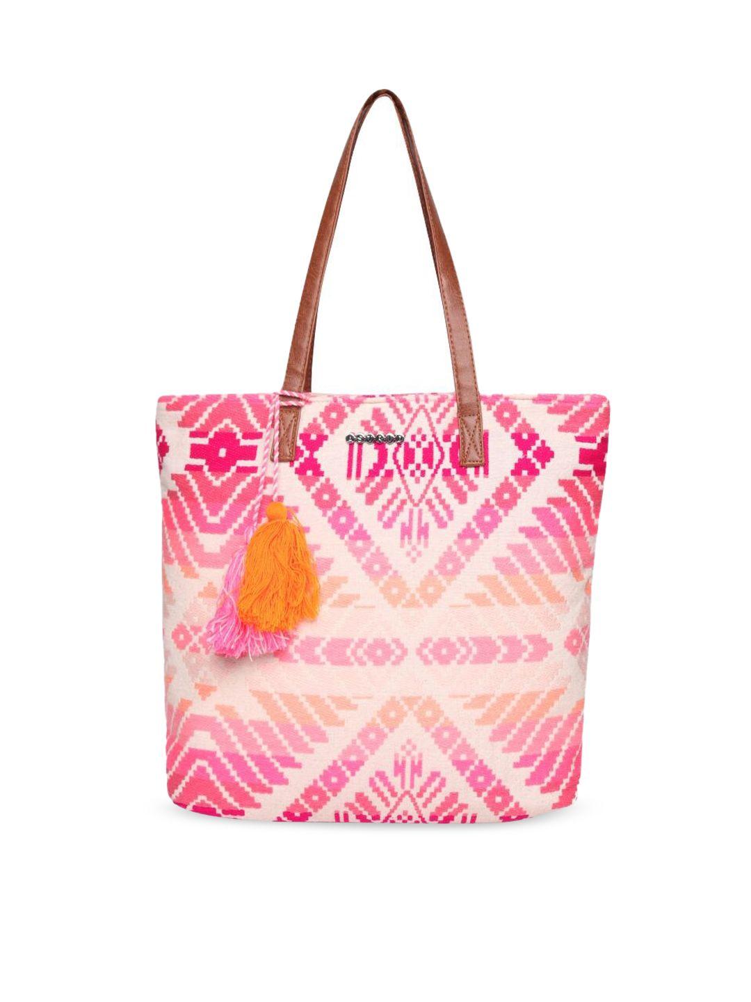 astrid pink & white geometric printed oversized shopper tote bag with tasselled detail