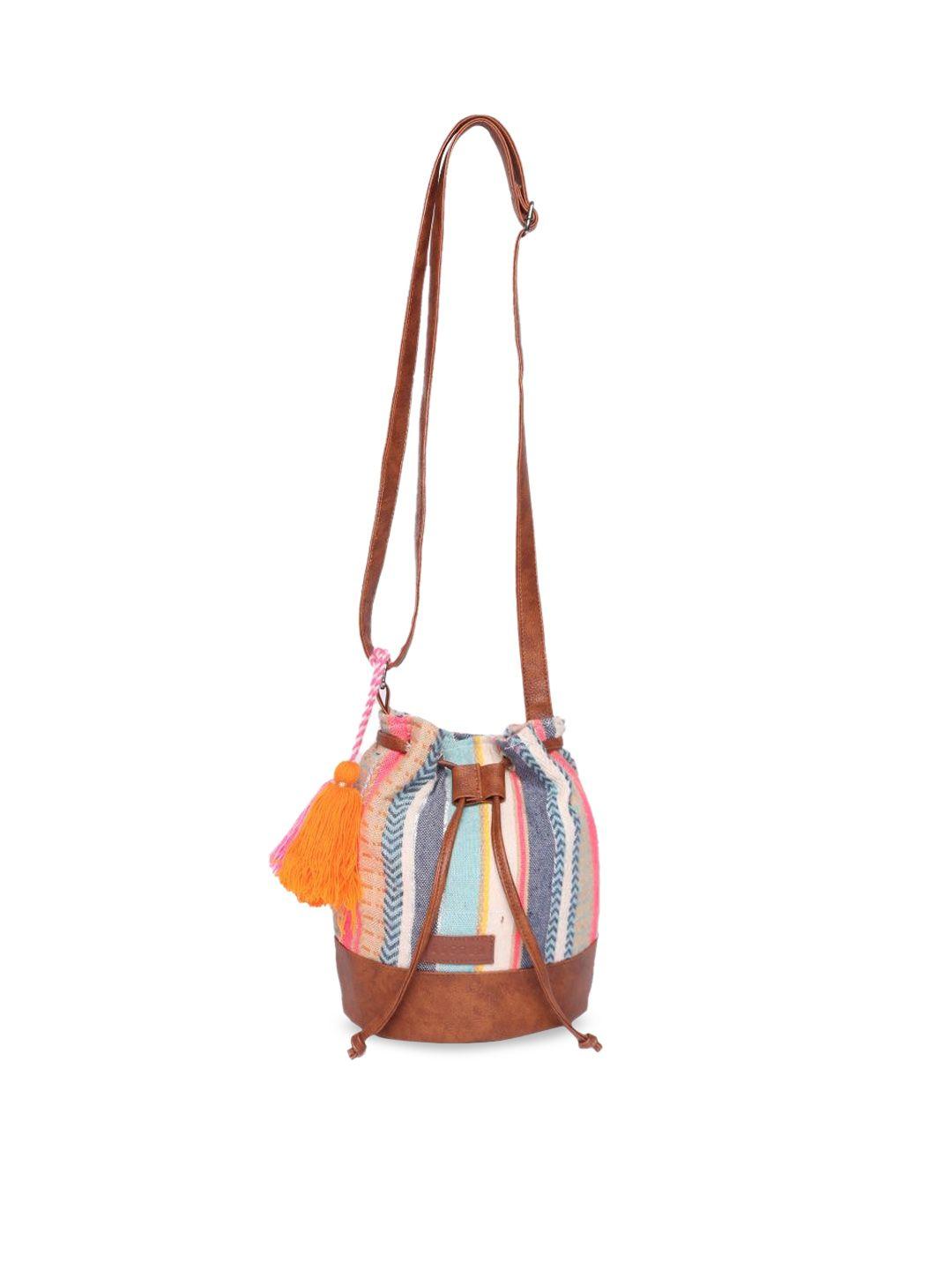 astrid striped bucket sling bag with tasselled