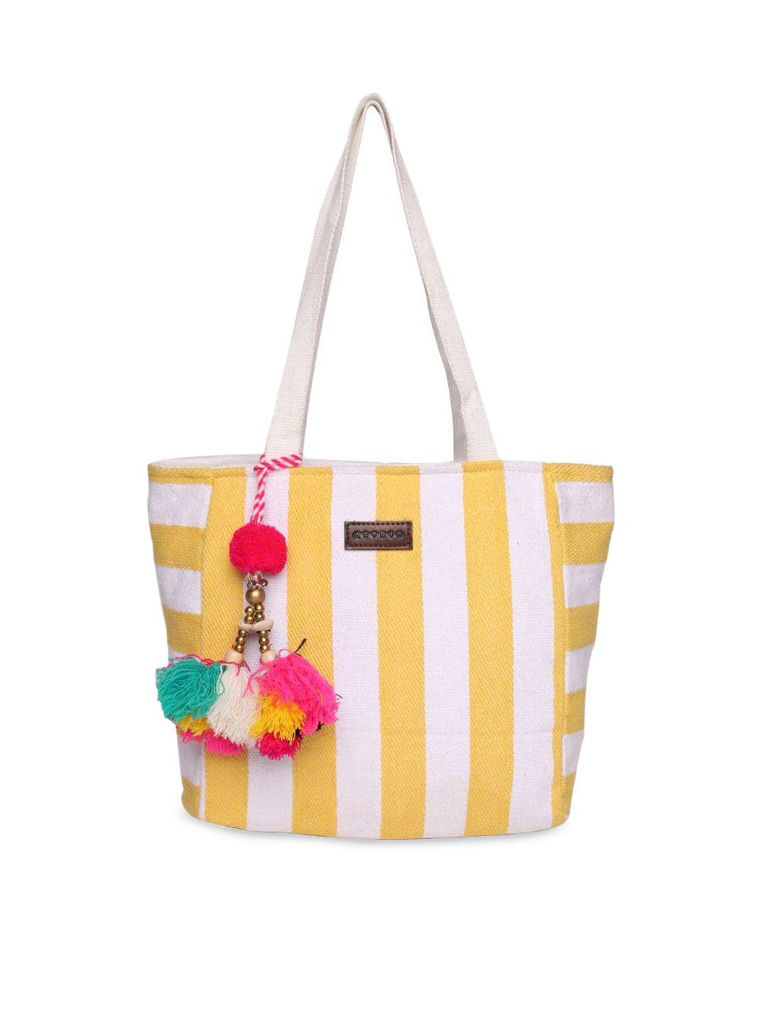 astrid yellow & white striped shopper tote bag with tasselled
