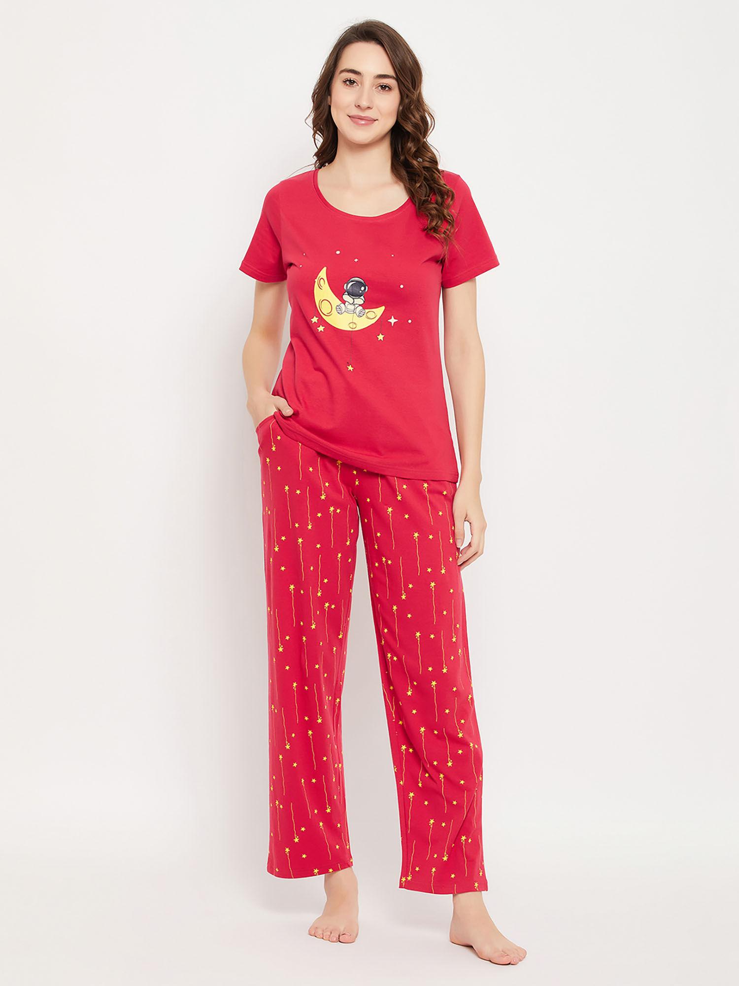 astronaut & star print top & pyjama red - 100% cotton (set of 2)