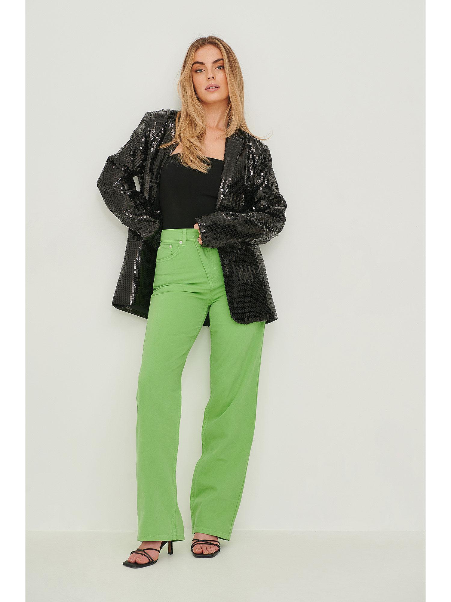 asymmetric closure wide leg jeans-green