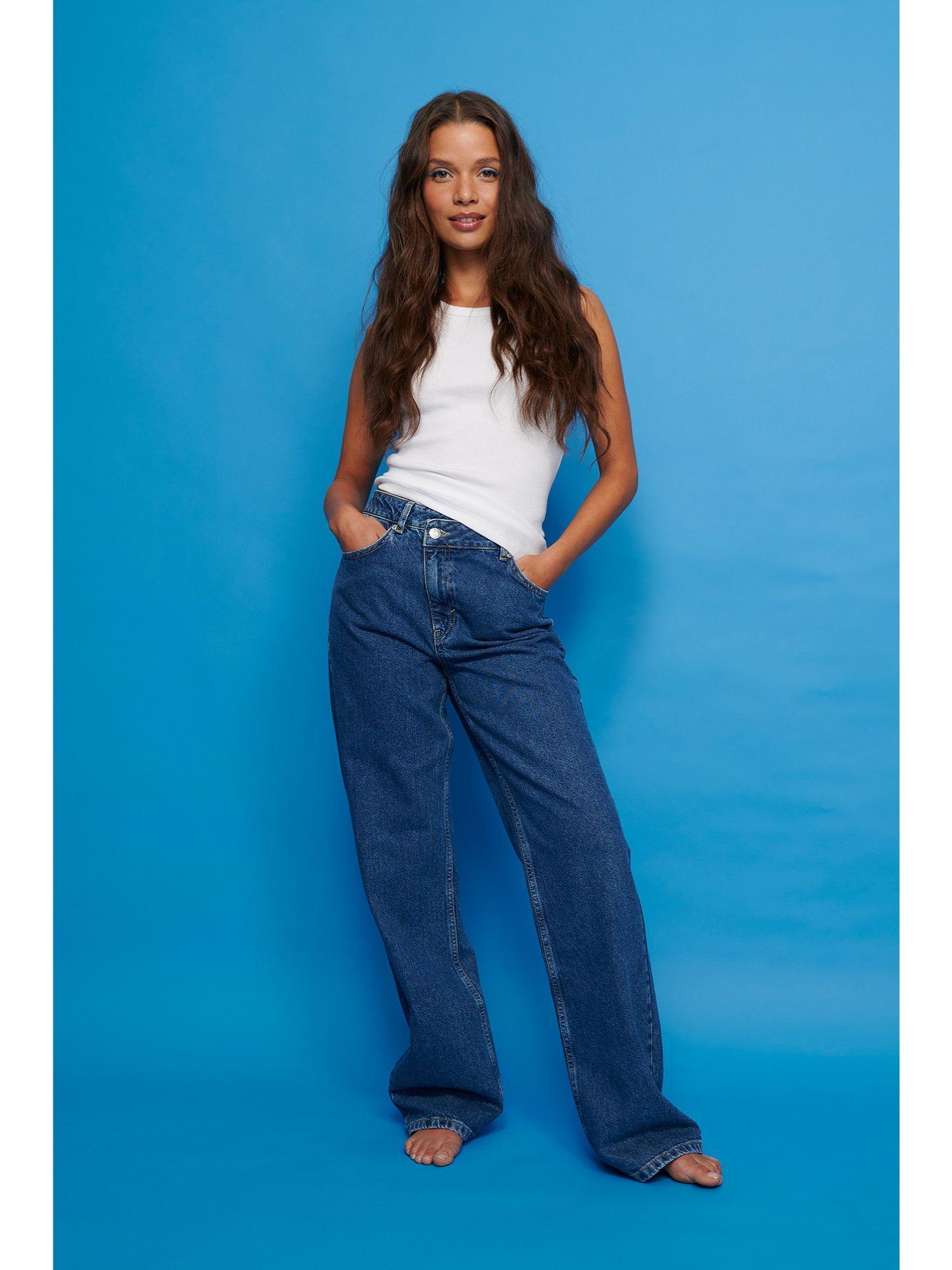 asymmetric closure wide leg jeans-mid blue