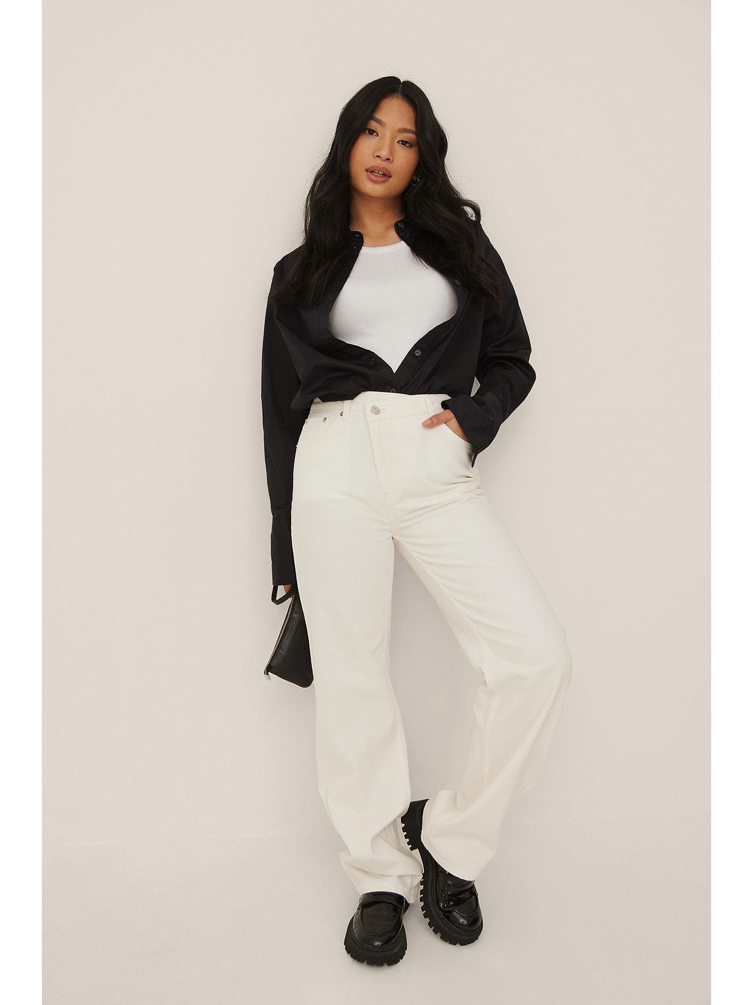 asymmetric closure wide leg jeans-white