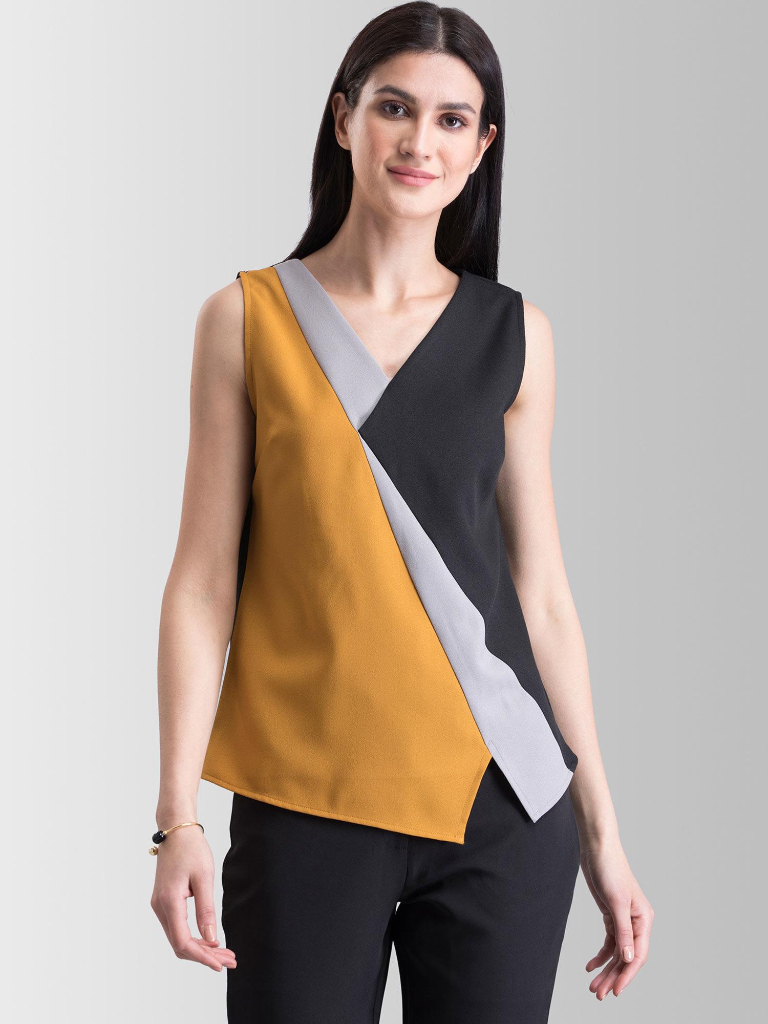 asymmetric hem colour block top - black and mustard