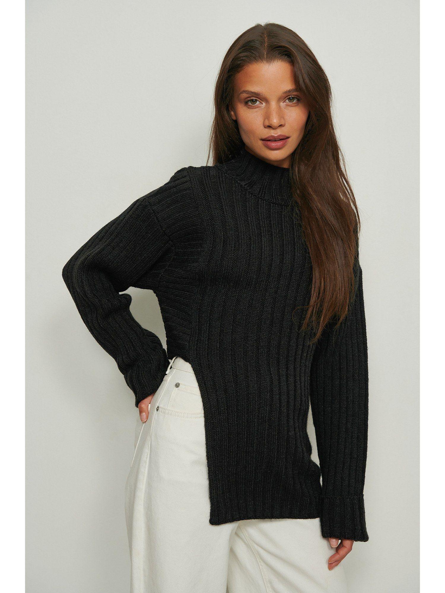 asymmetric knitted rib sweater black