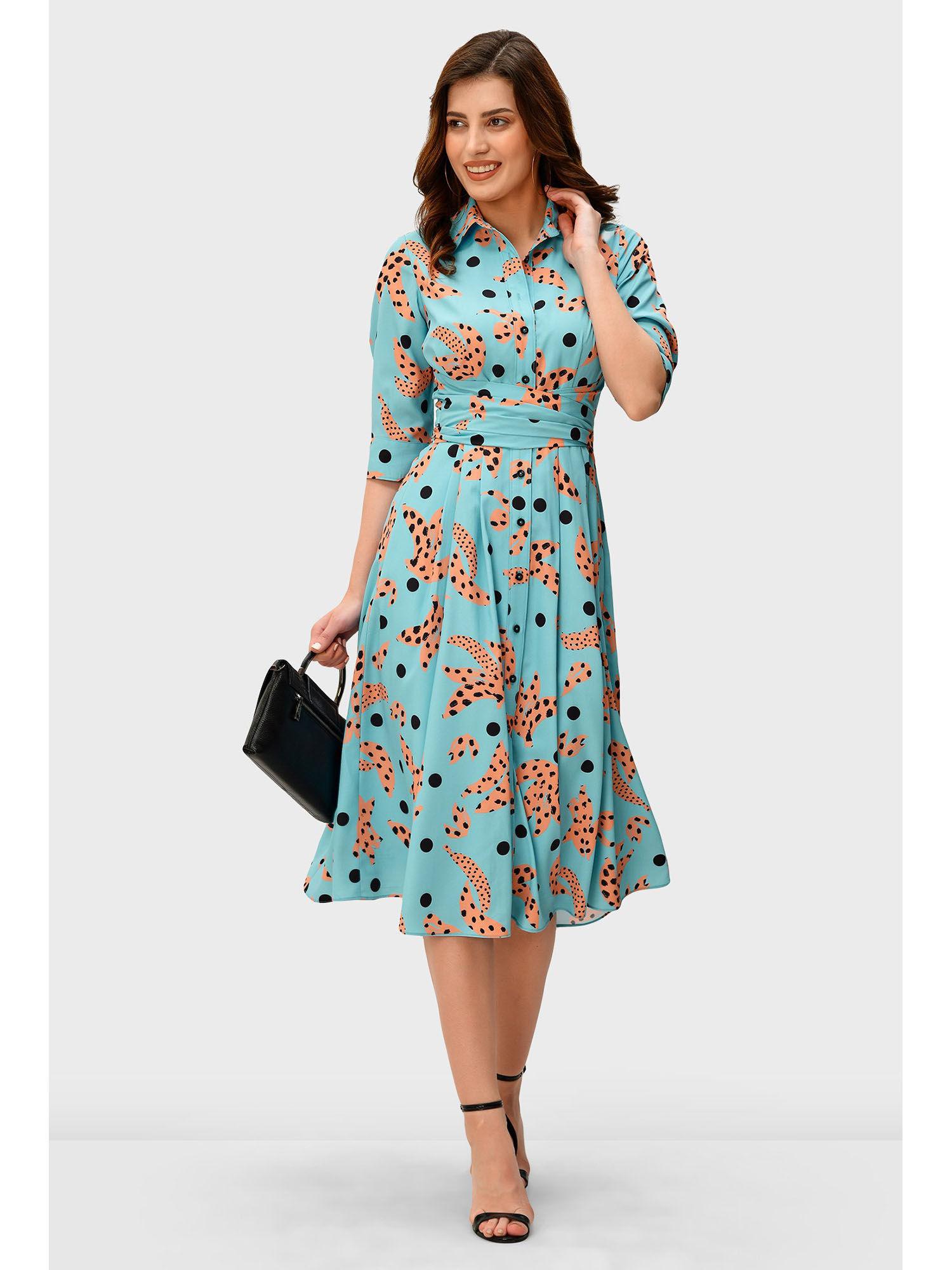 asymmetric waist floral dot print crepe shirt dress