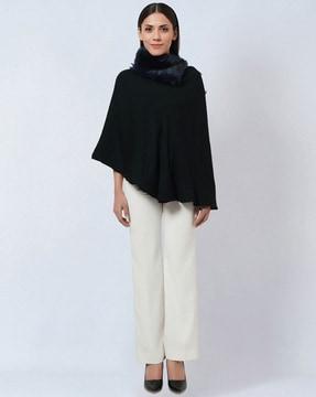 asymmetrical cashmere poncho with fur collar