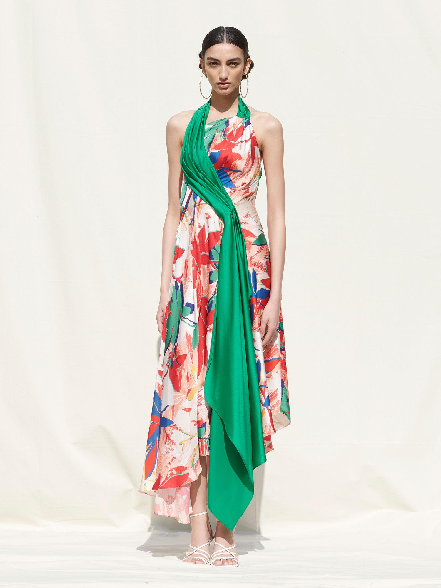 asymmetrical drape dress withgreen solid drape on its one side multi-color