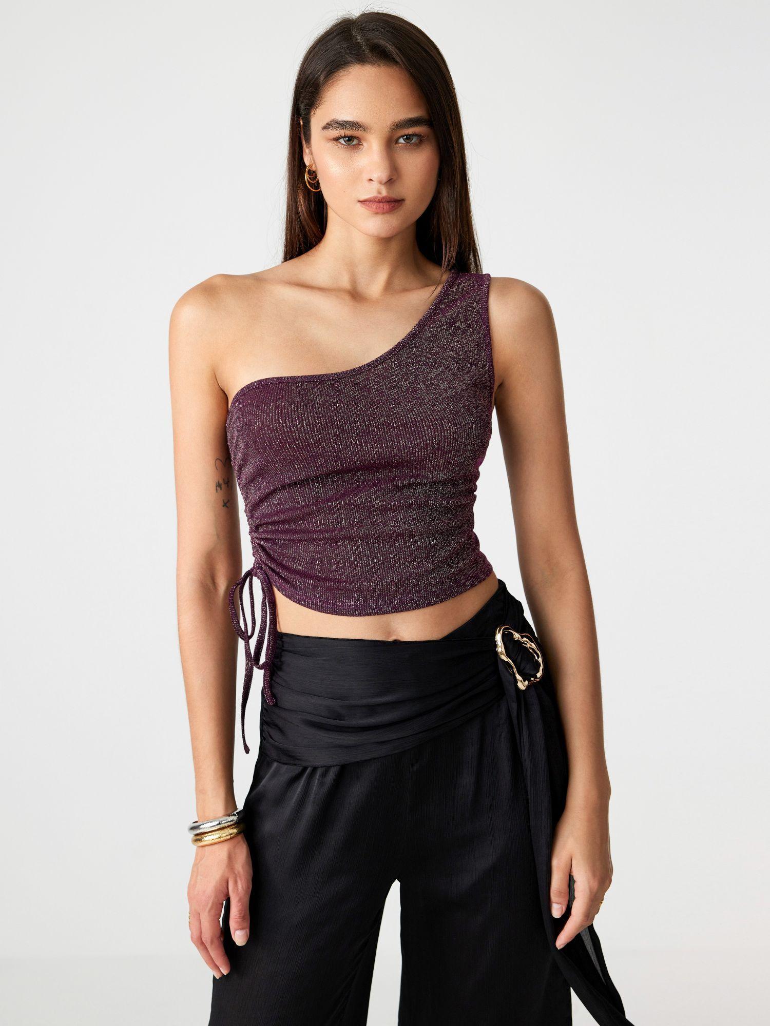 asymmetrical neck glitter solid crop top