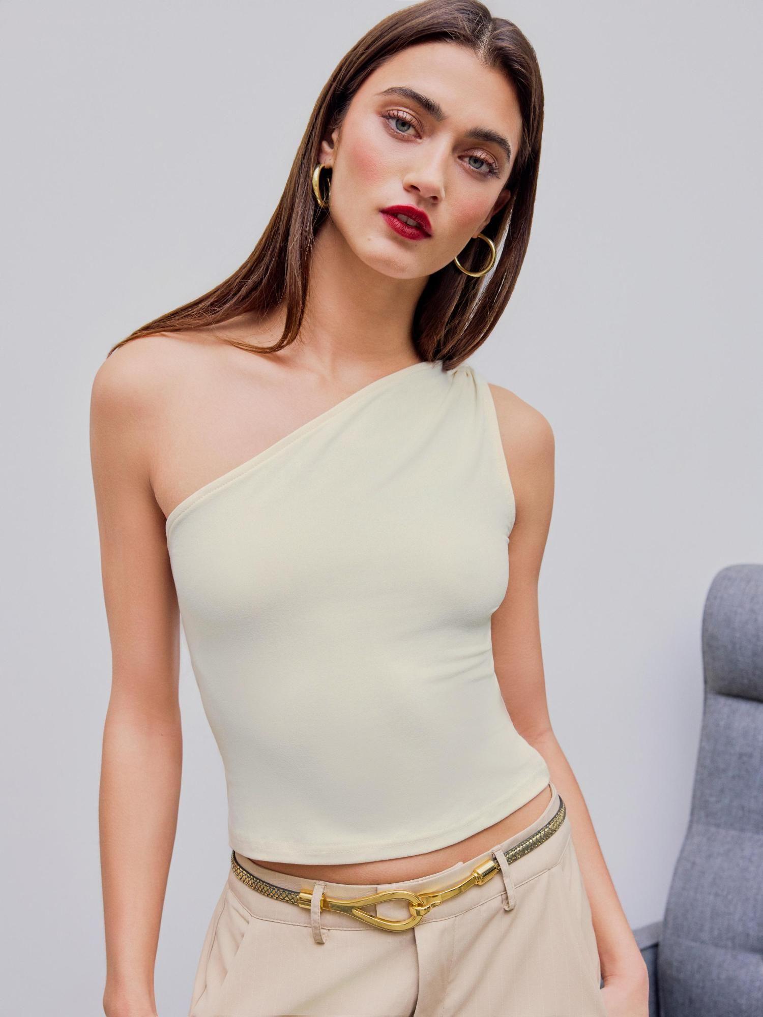 asymmetrical neck solid crop top