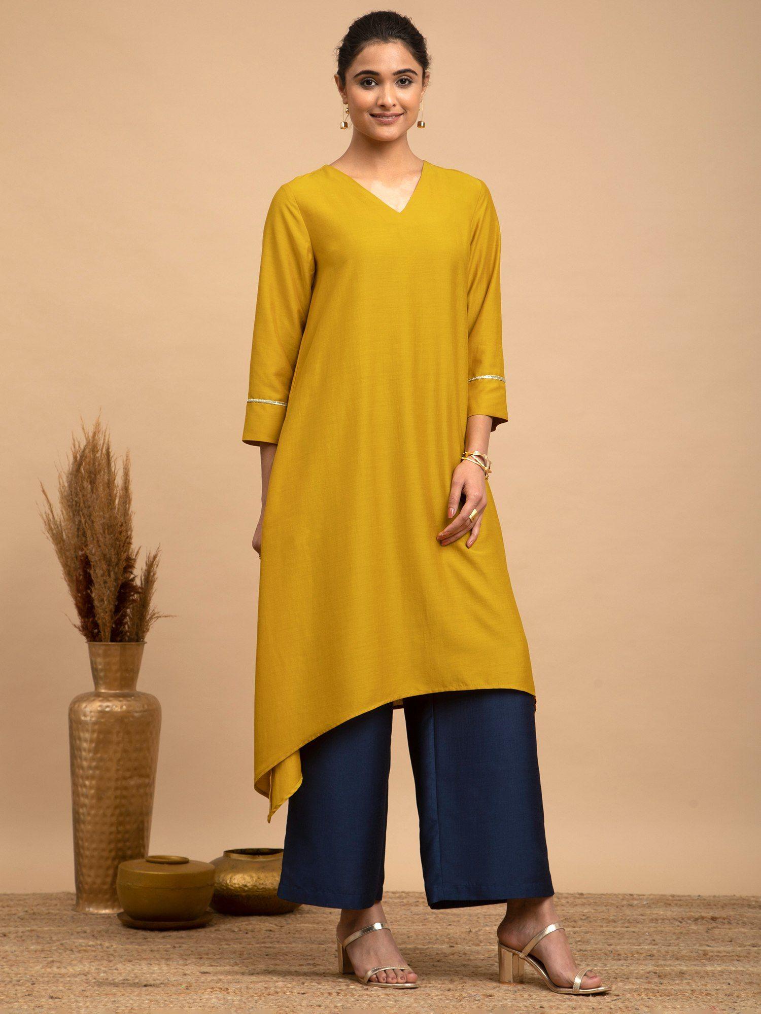 asymmetrical silk kurta-yellow