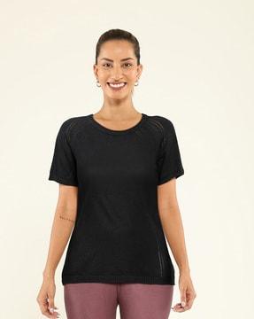 at ease cotton knit top with pointelle design