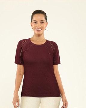 at ease cotton knit top with pointelle design