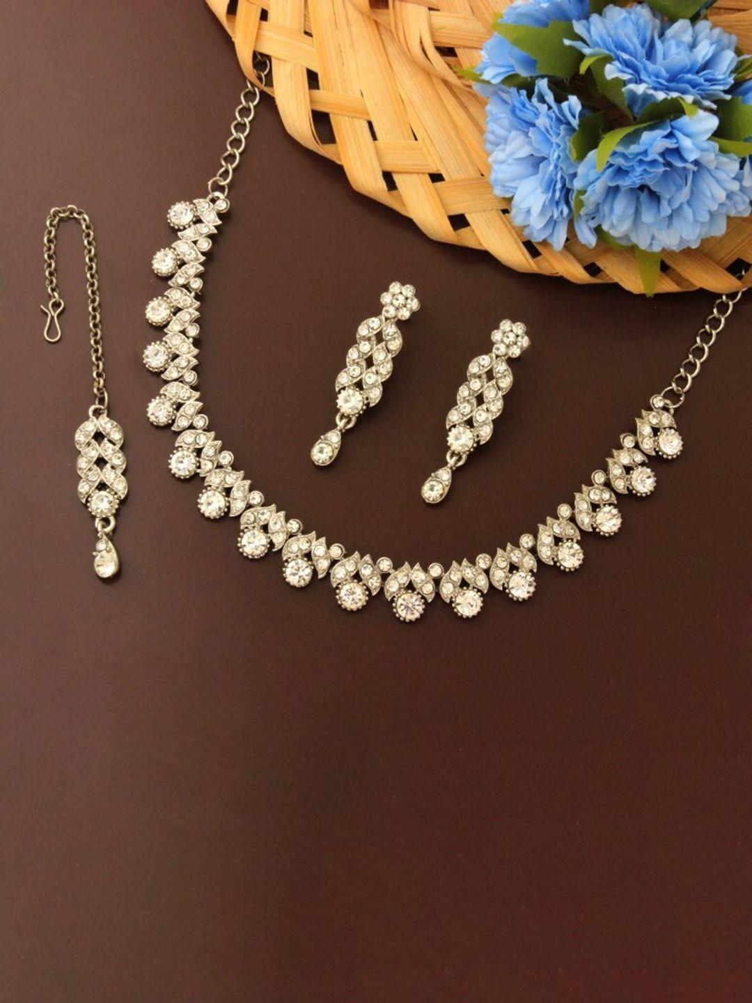 atasi international rhodium-plated silver-toned white crystal stone-studded choker necklace set