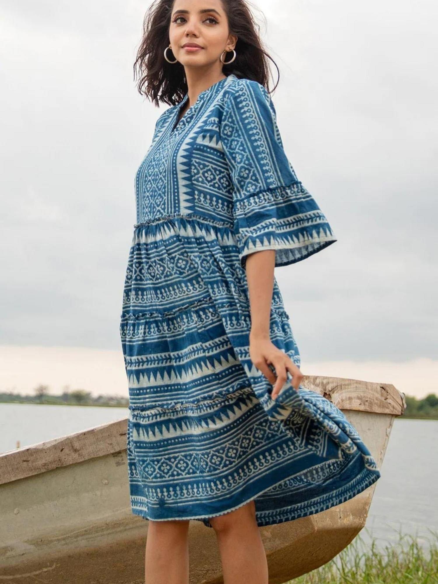 atea - gypsy boo indigo cotton hand block printed midi dress