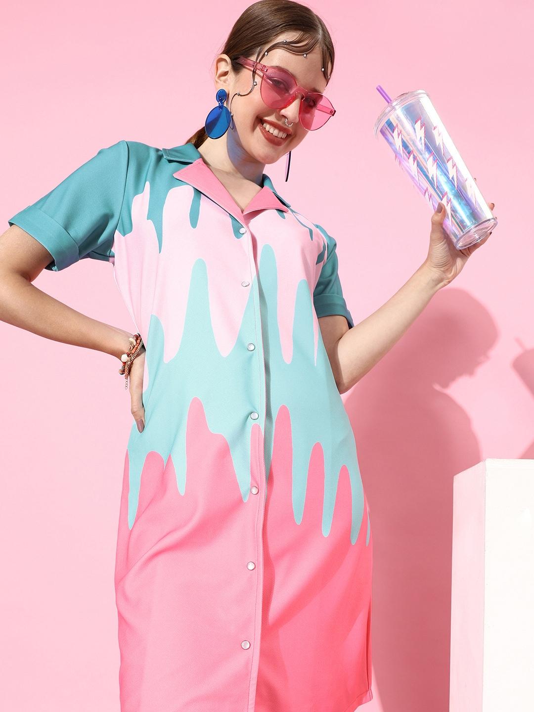 athena pink & blue colourblocked shirt dress