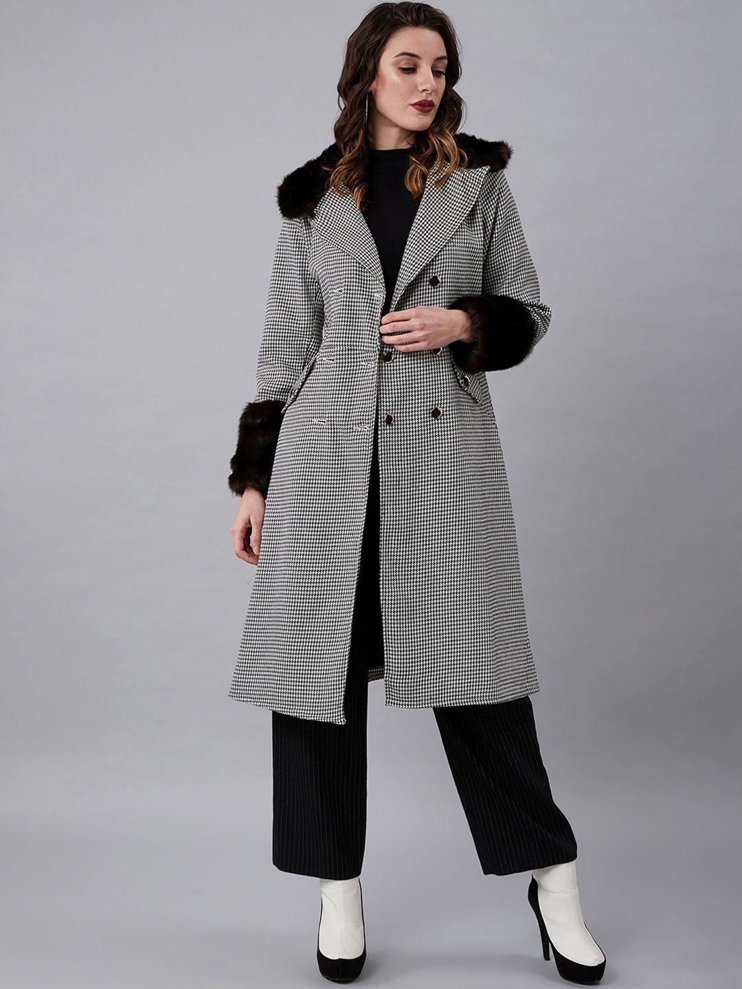 athena women black & white self design faux fur trim double-breasted wool pea coat