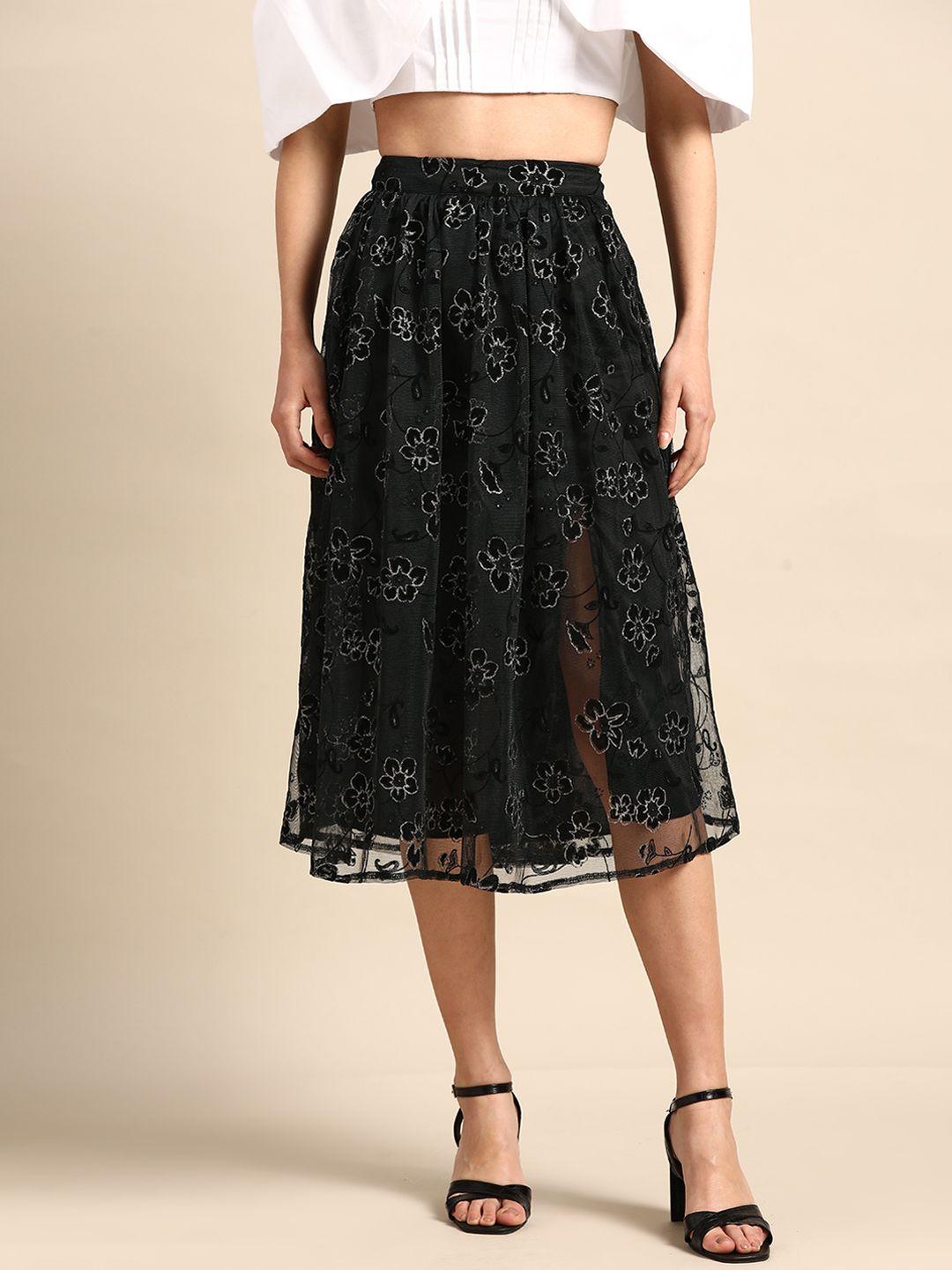 athena women black floral flock a-line slit skirt