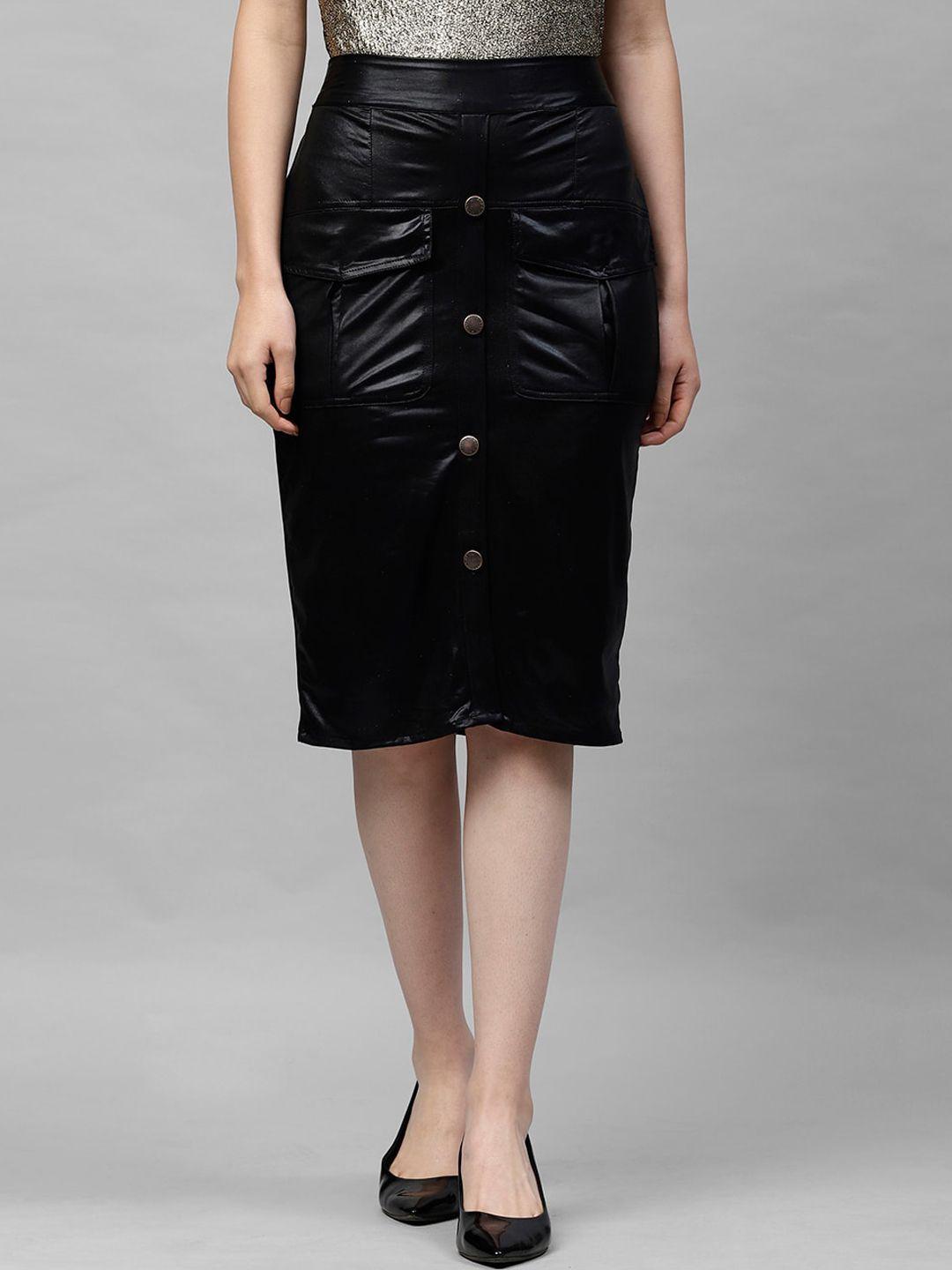 athena women black solid knee length skirt