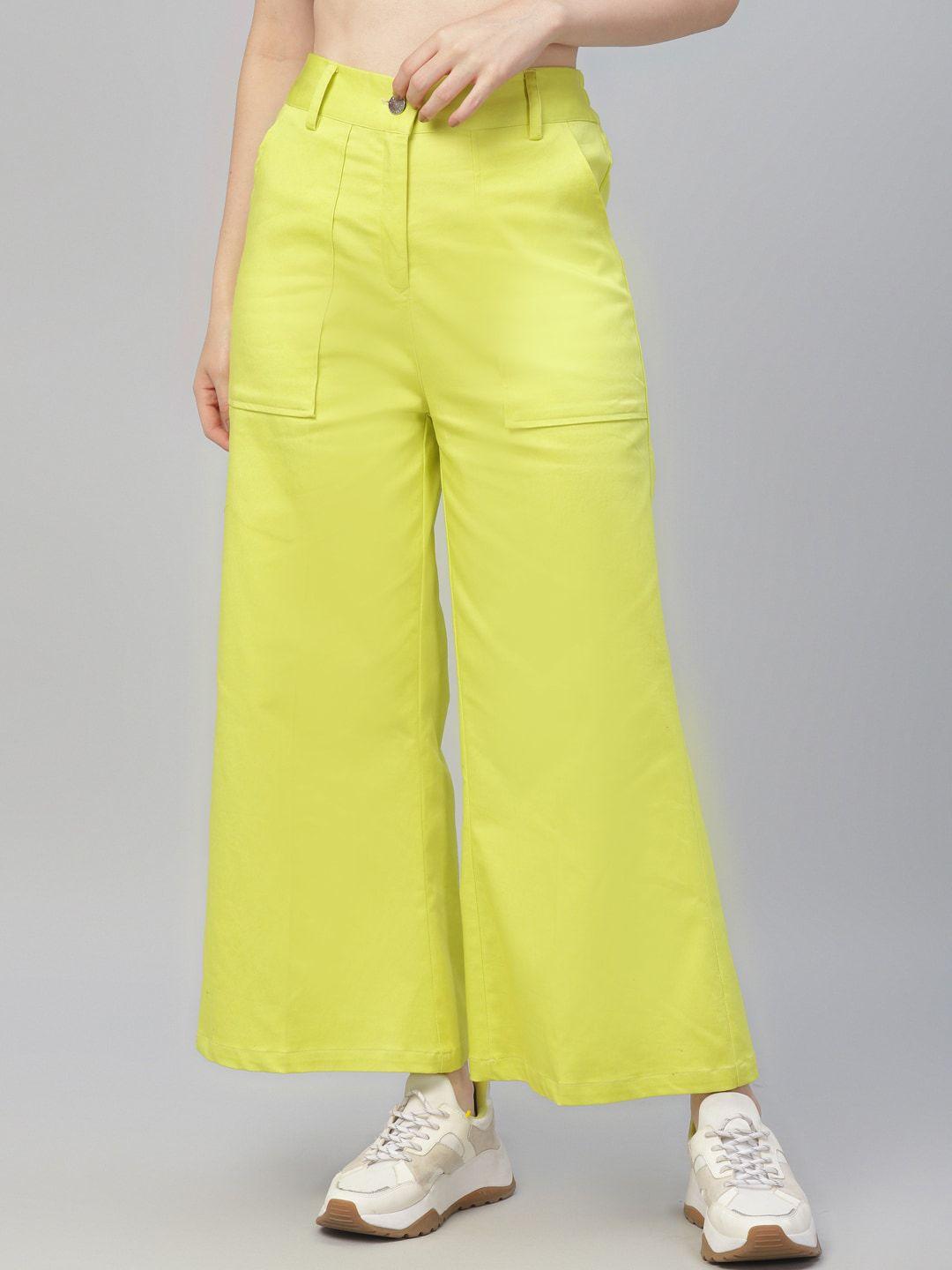 athena women lime green flared solid parallel trousers