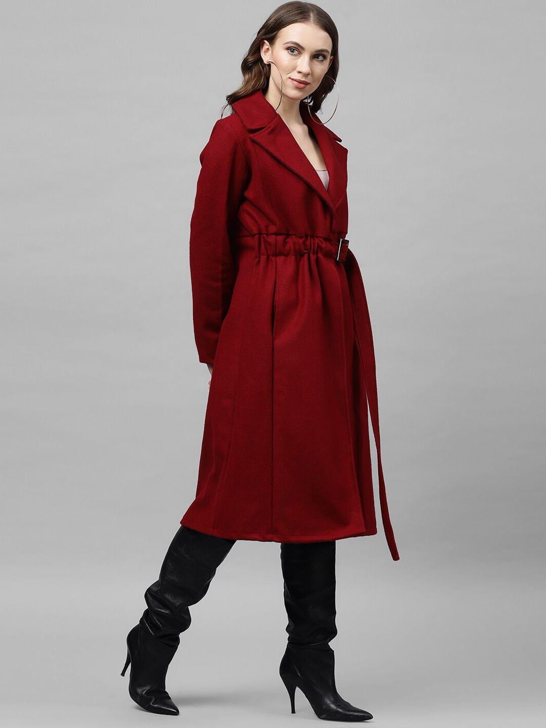 athena women maroon solid woolen longline overcoat