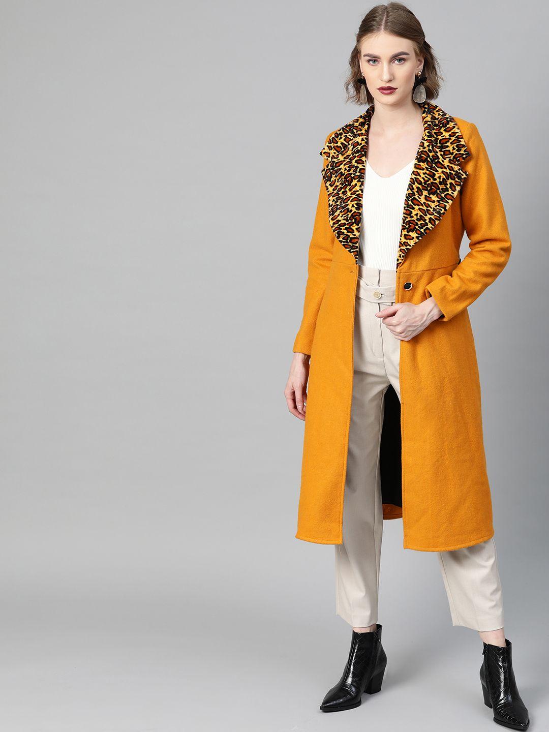 athena women mustard yellow solid woollen longline overcoat