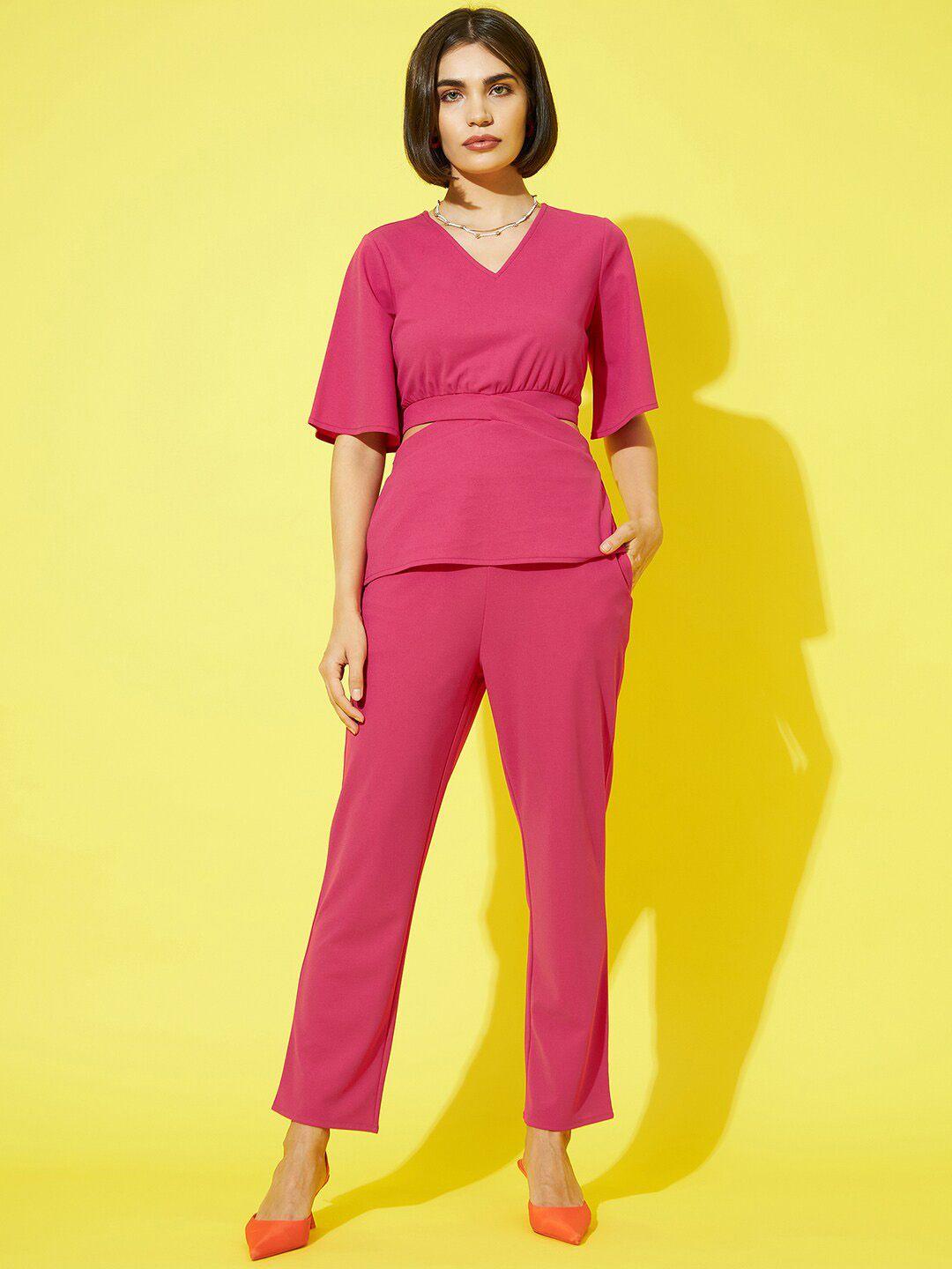 athena women pink solid v-neck top and trousers