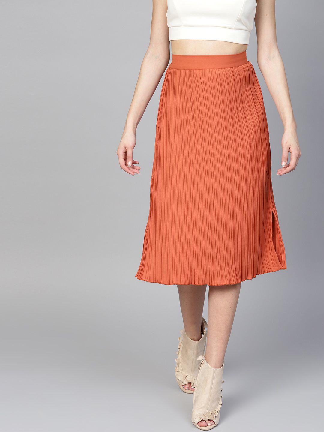 athena women rust orange solid pleated a-line skirt