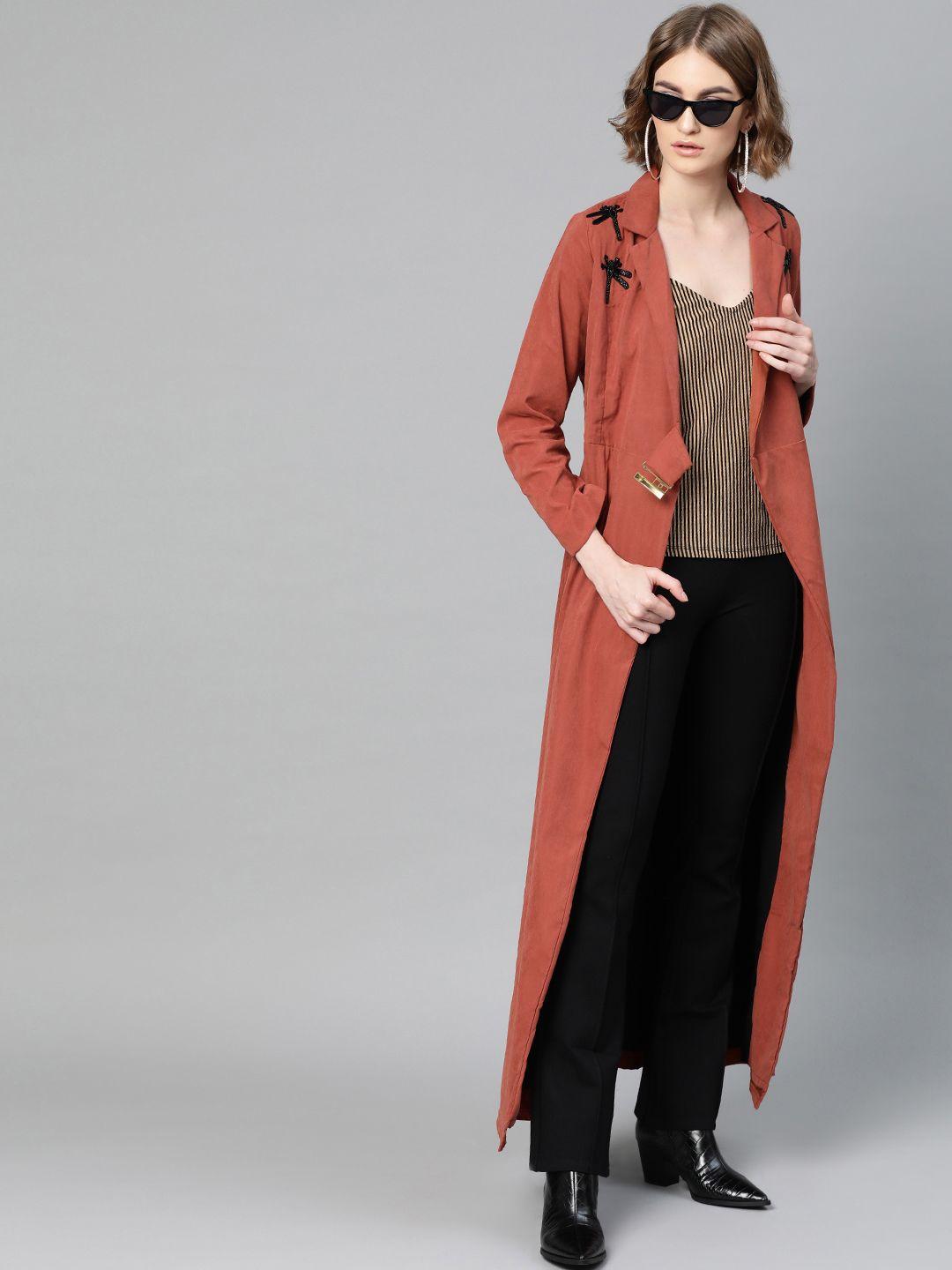 athena women rust red solid suede longline coat
