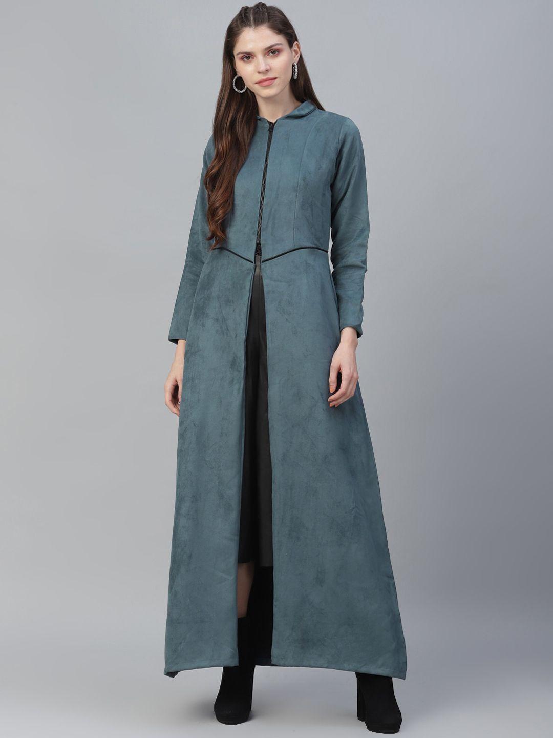 athena women teal blue solid suede longline overcoat
