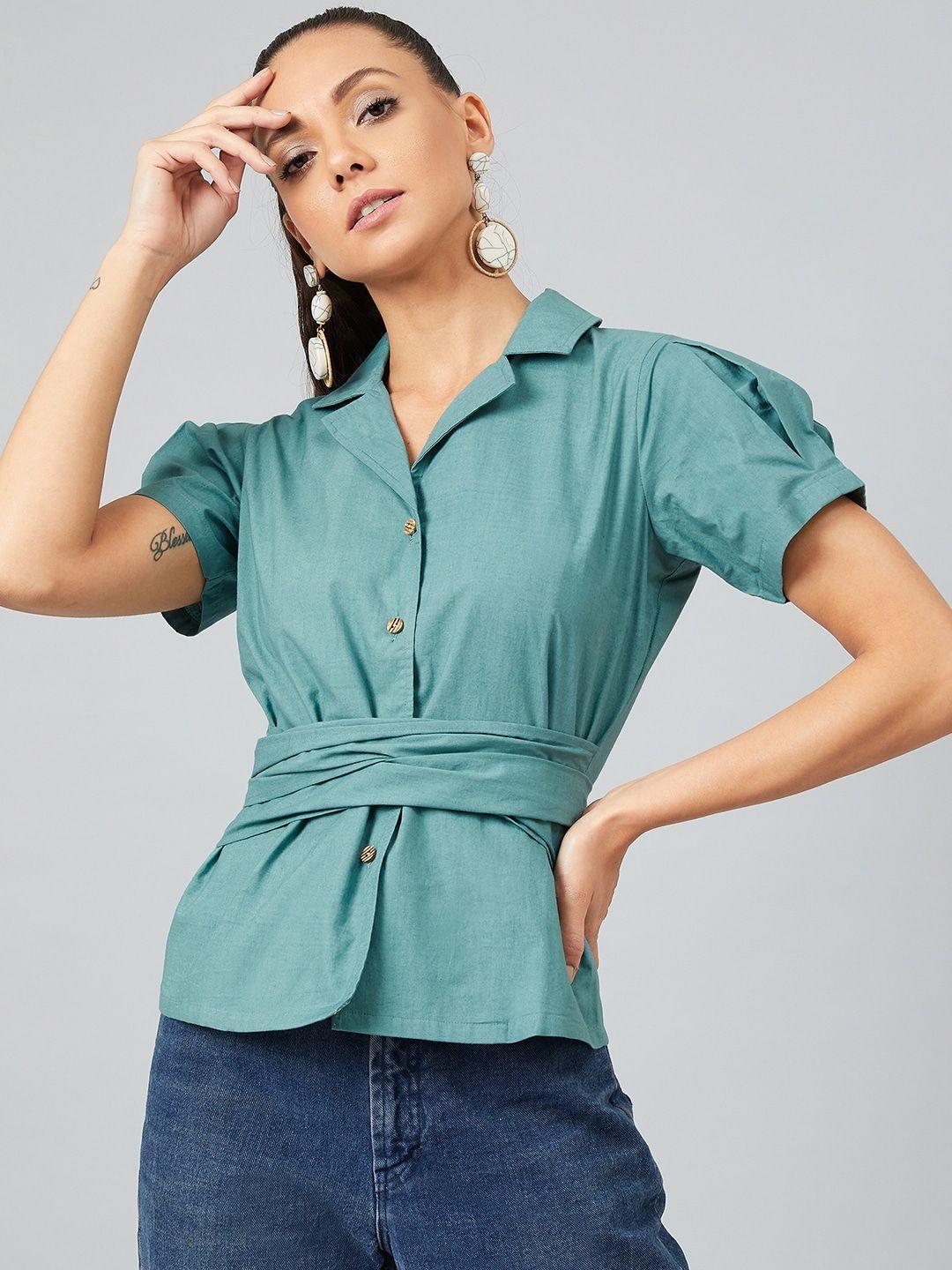 athena women teal green solid shirt style top with waist tie-up