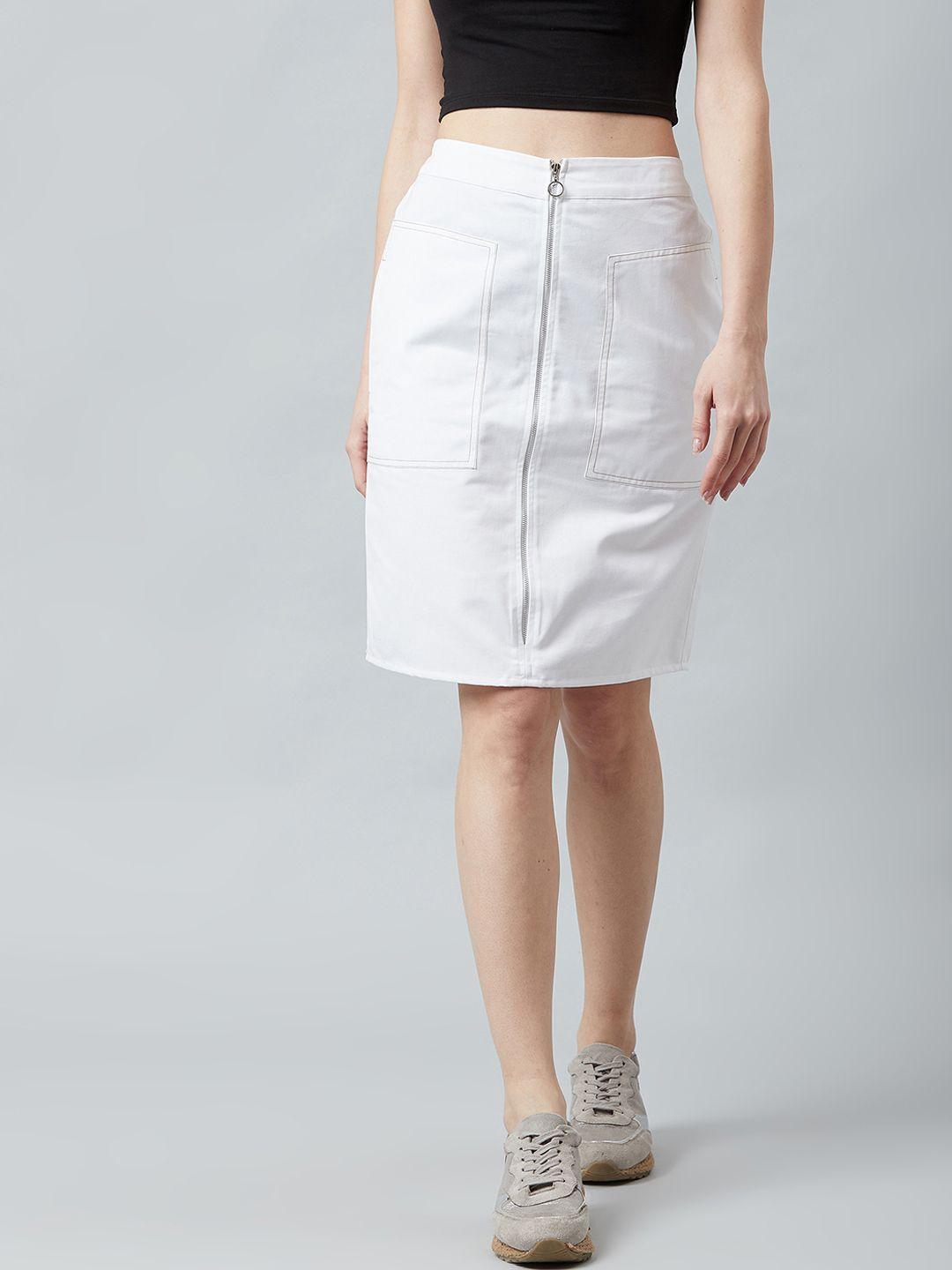 athena women white solid denim straight knee-length skirt