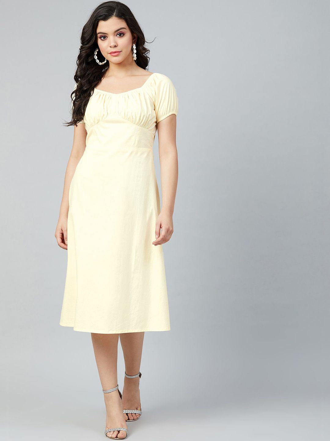 athena women yellow solid cotton a-line dress with gathers