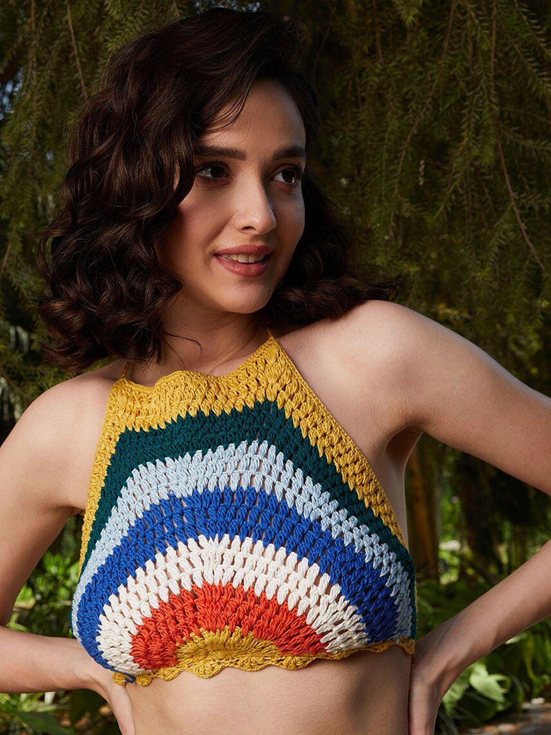athena yellow & blue self design halter neck cotton crochet bralette crop top
