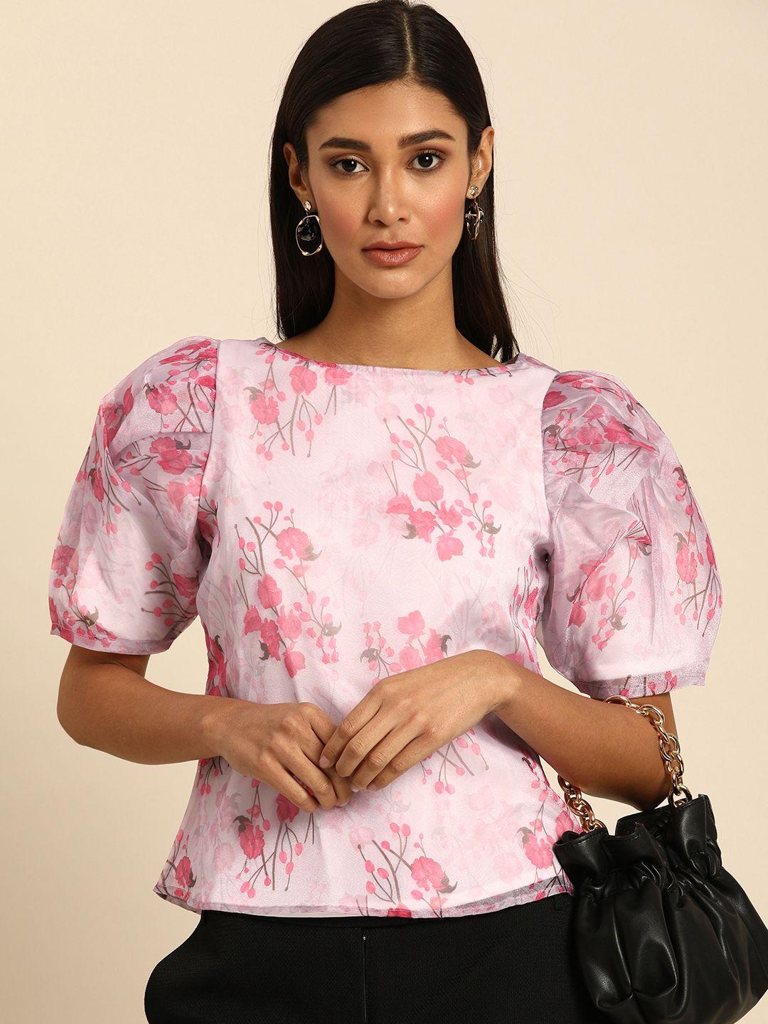 athena alluring pink floral printed power shoulders top