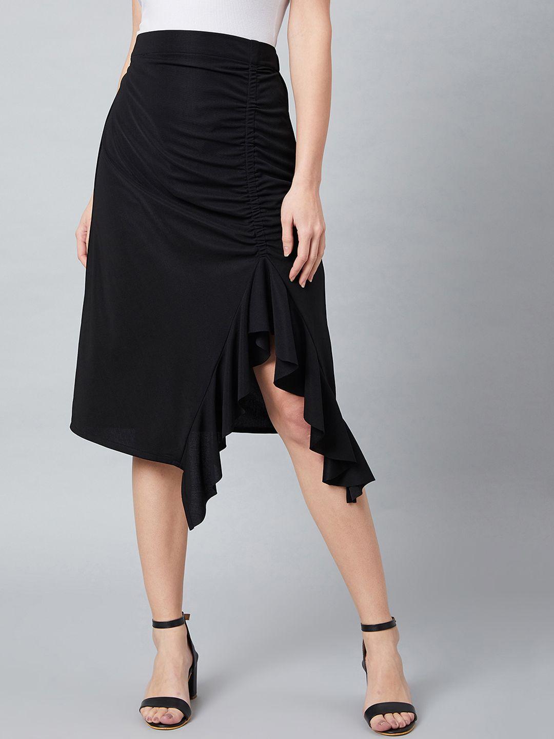 athena black a-line midi skirt with front frill detail