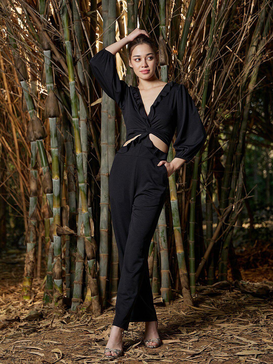 athena black basic jumpsuit with ruffles