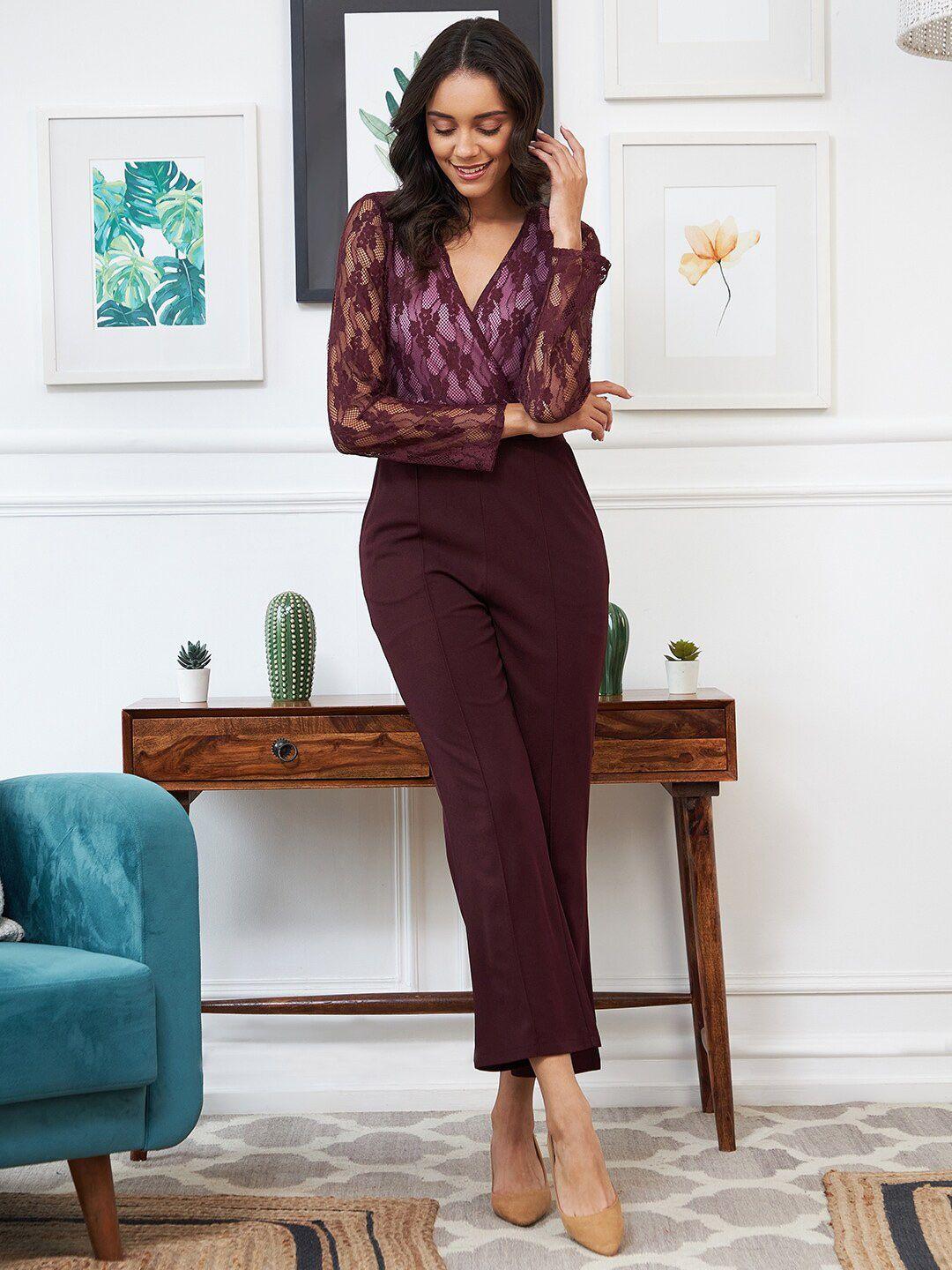athena burgundy & pink basic jumpsuit with lace