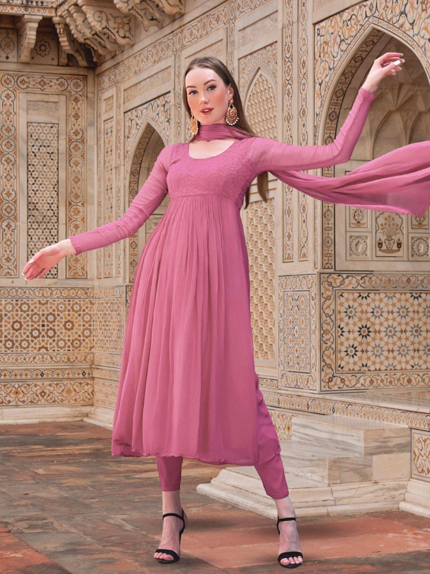 athena chikankari anarkali kurta-mauve