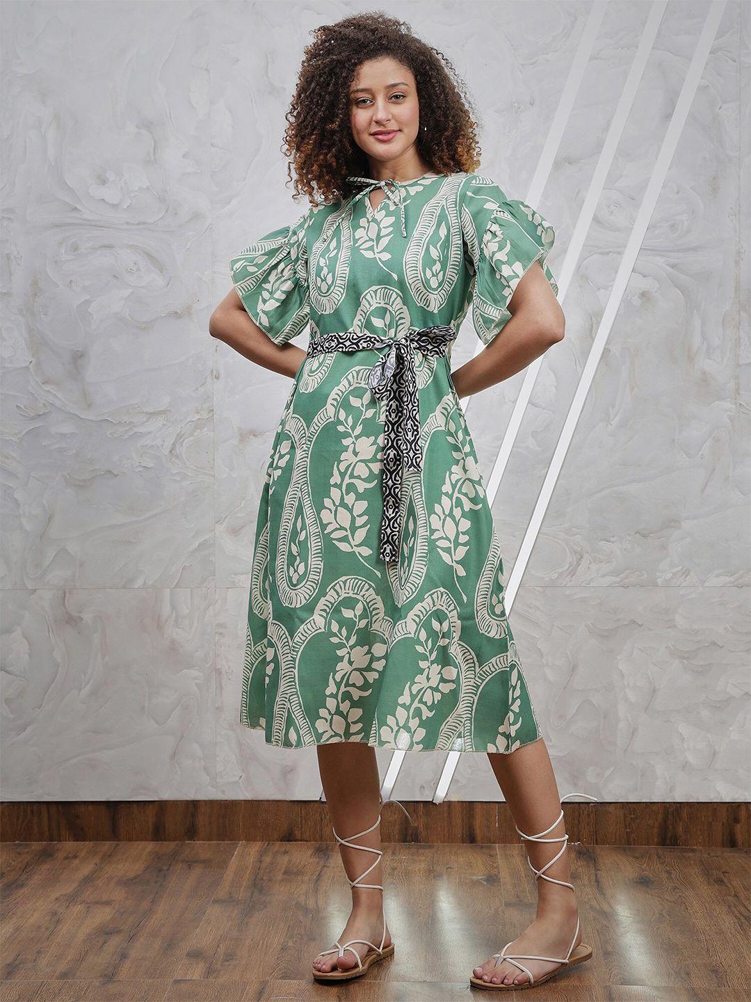 athena ethnic motifs print flutter sleeve ruffled linen a-line dress