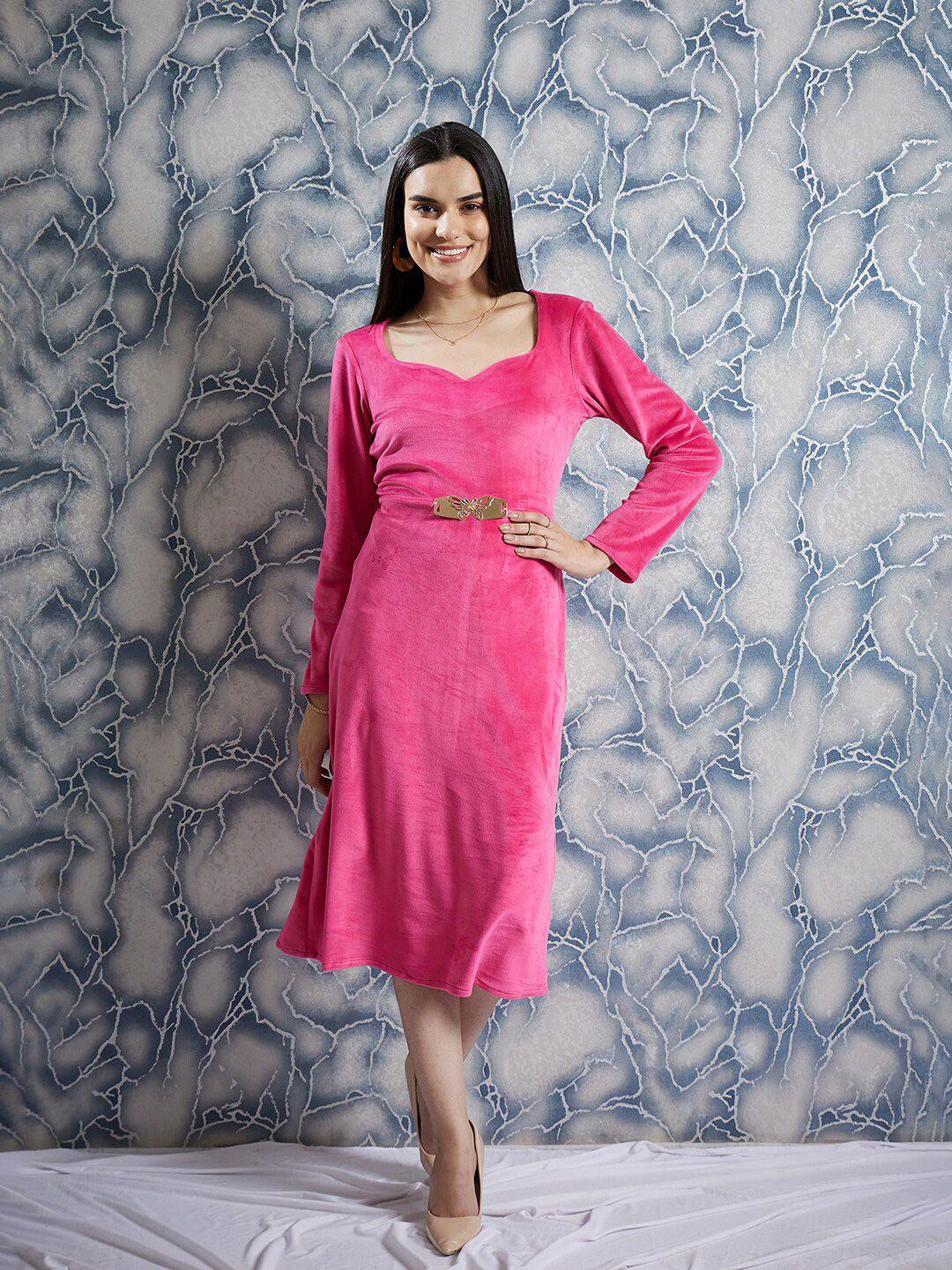 athena fuchsia sweetheart neck embellished detailed a-line midi dress