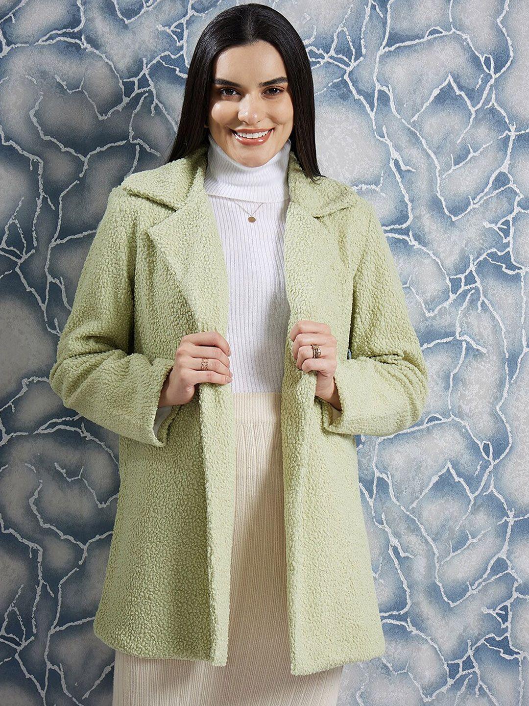 athena green front open textured over coat