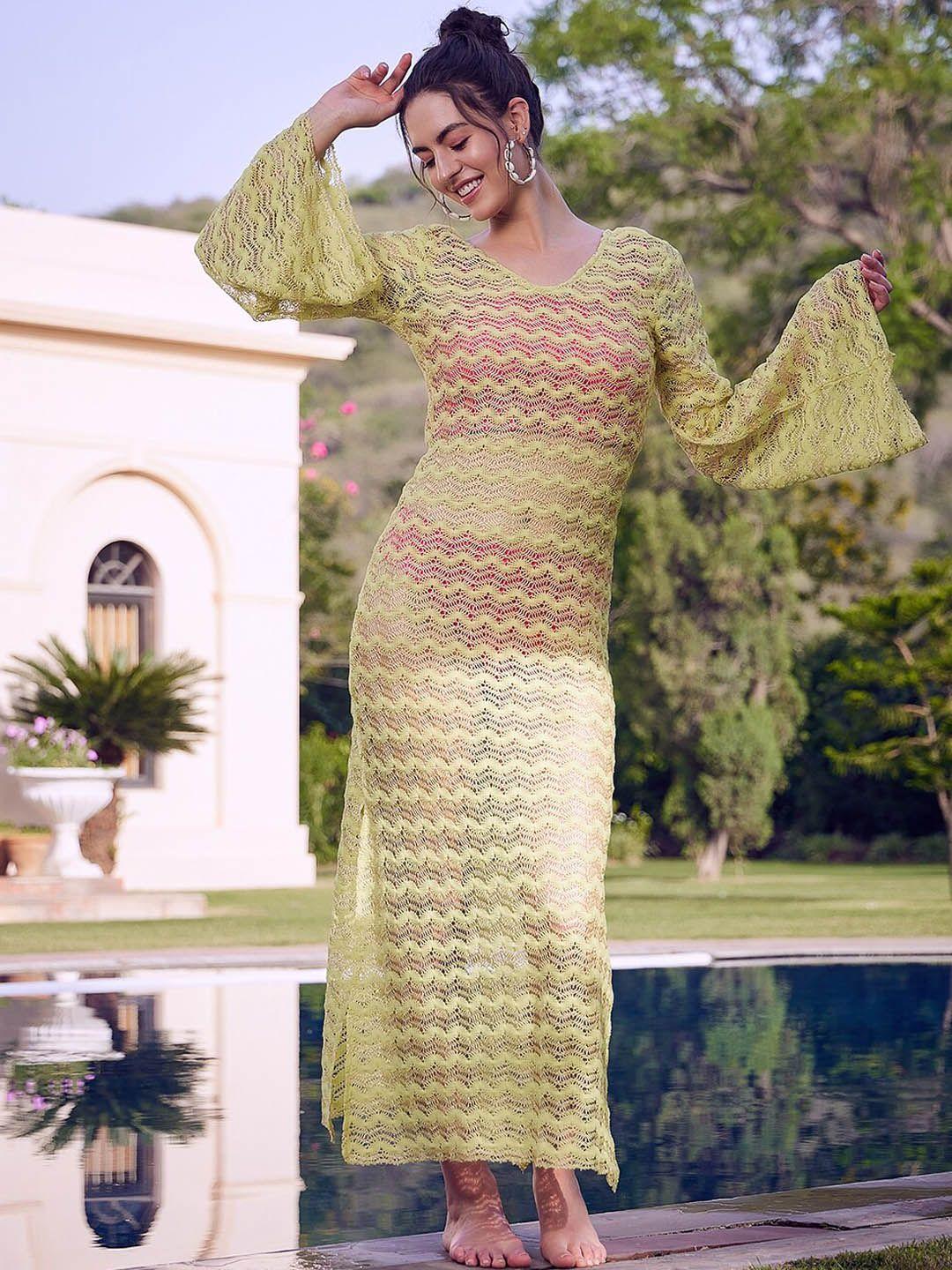 athena green geometric self design lace cover up dress