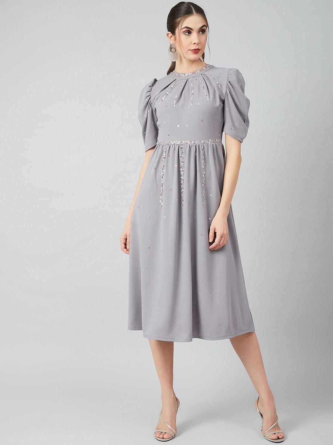 athena grey embellished fit and flare dress
